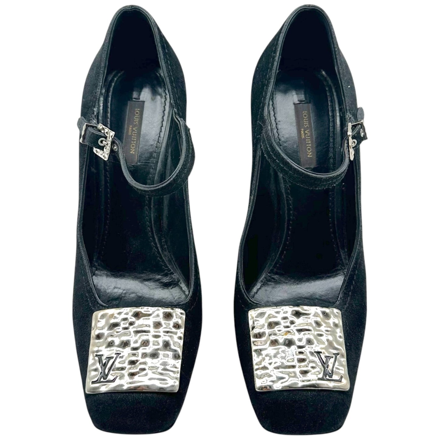 Louis Vuitton Black Suede & Silver Hardware Square Toe Mary Jane Pumps