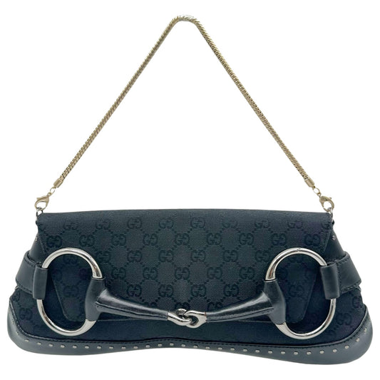 Gucci Black Studded Monogram Large Horsebit Clutch