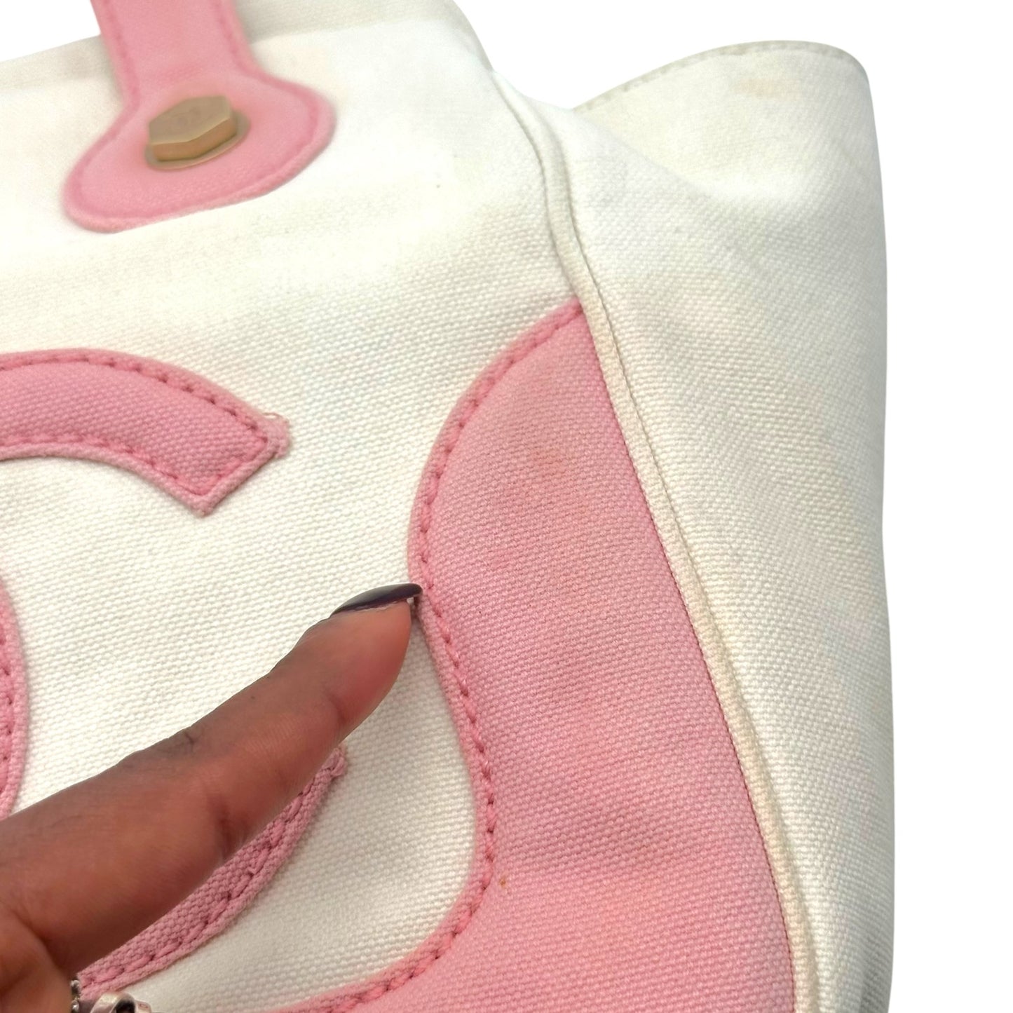 Chanel Mini Tote Bag Pink White Canvas Gold Hardware