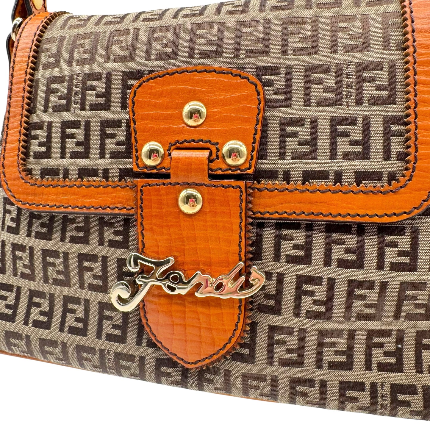 Fendi Shoulder Bag Beige Zucchino Monogram Orange Leather