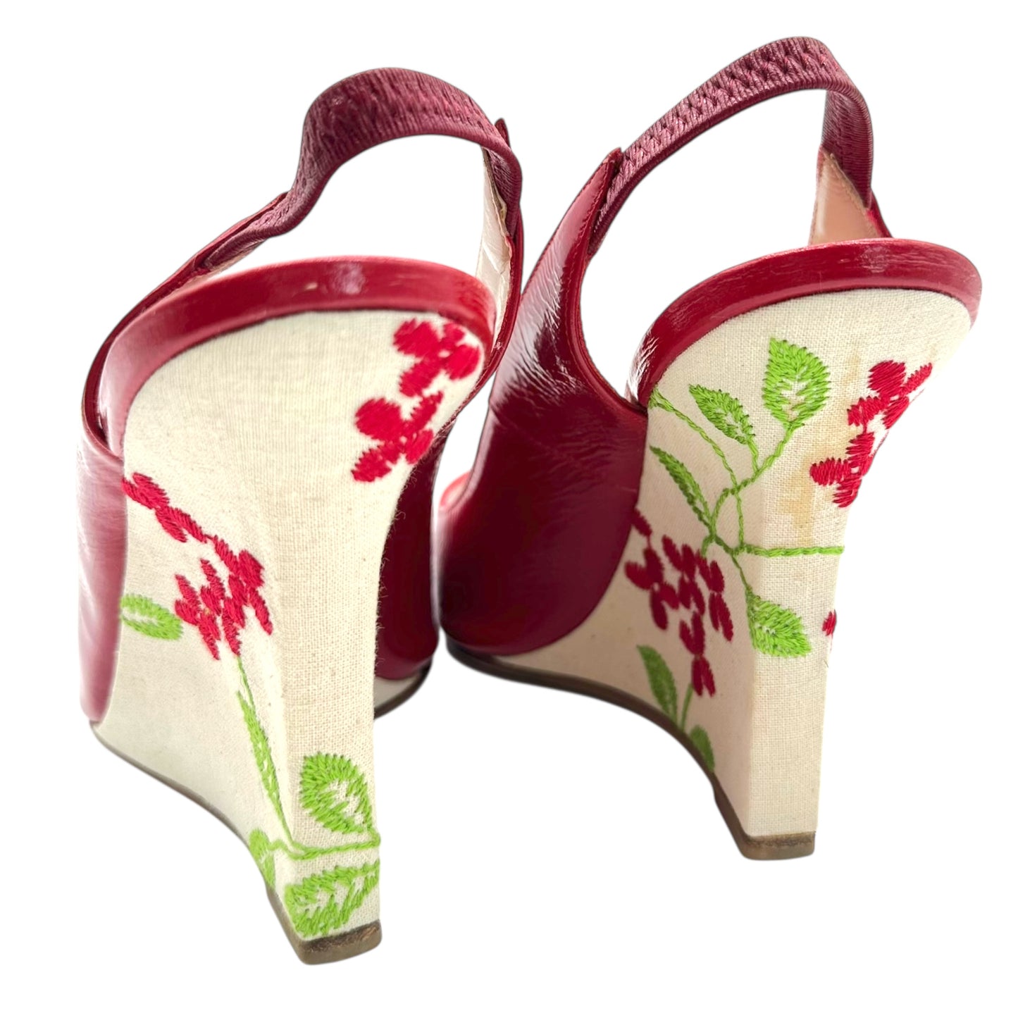 Manolo Blahnik Red Leather & Floral Embroidered Slingback Wedges