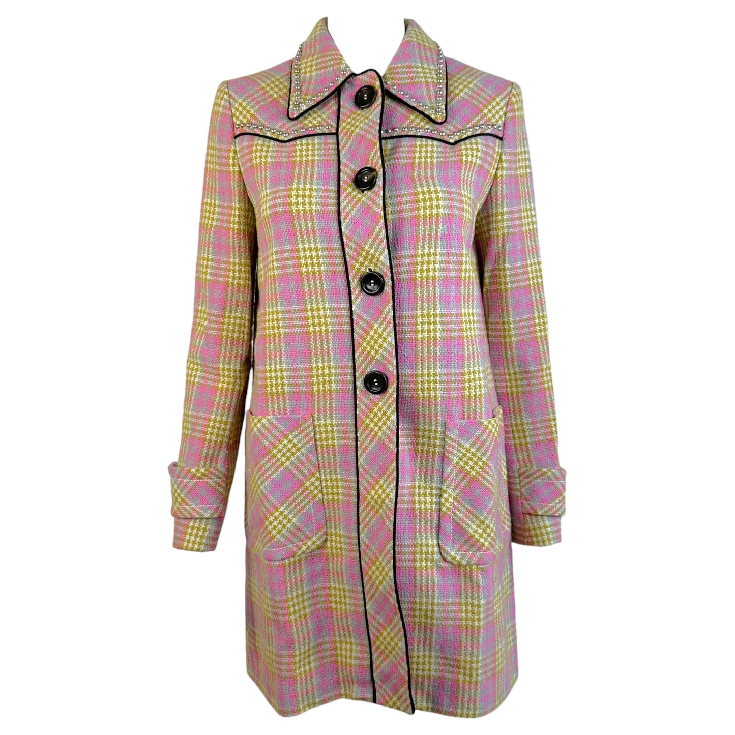 Miu Miu Pink Yellow Plaid Tweed Coat with Studs