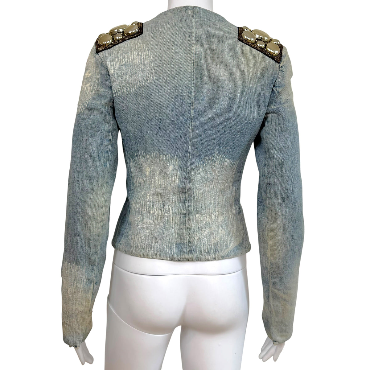 Dolce & Gabbana Silver Beaded Distressed Denim Jacket
