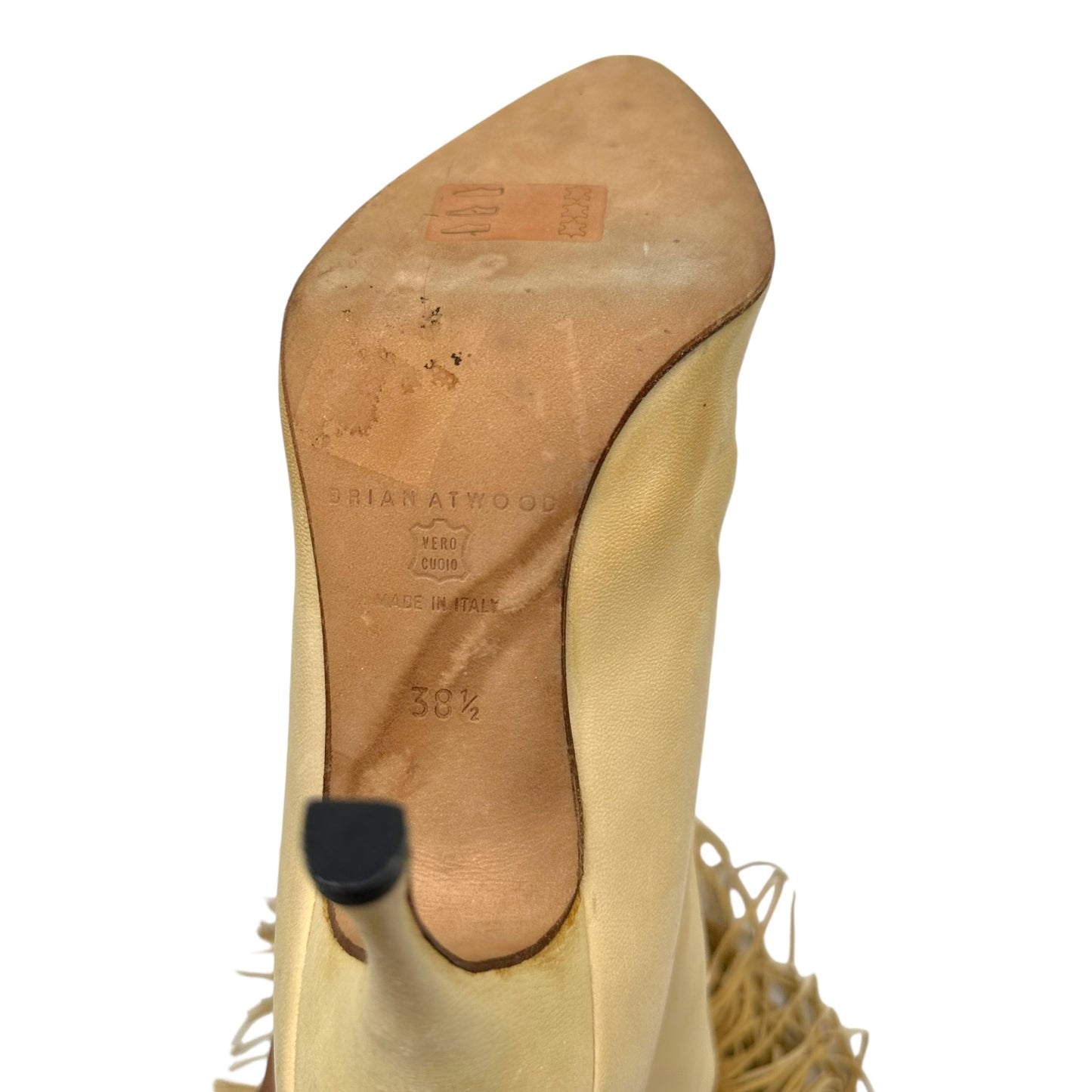 Brian Atwood Beige Leather Fringe Trim Heeled Boots