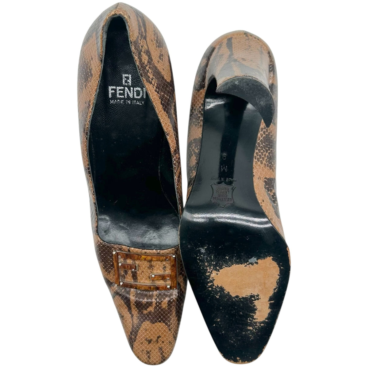 Fendi Brown Snakeskin FF Logo Toe Pumps