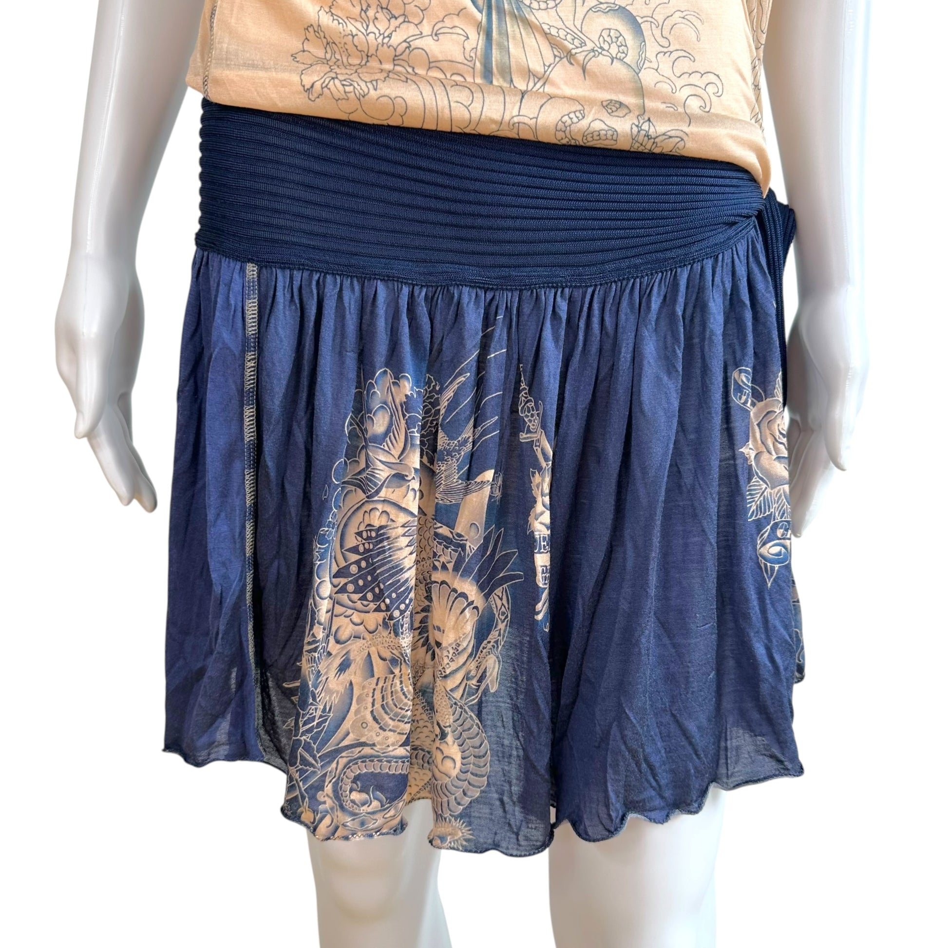 Jean Paul Gaultier Mini Dress Nude Navy Blue Tattoo Print