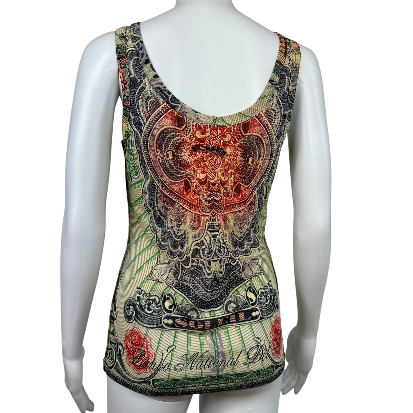 Jean Paul Gaultier Soleil Multicolor Currency Print Mesh Tank