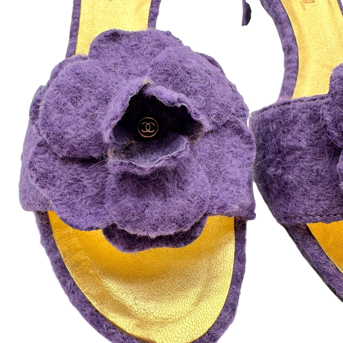 Chanel Purple Knit Mule Heels with Camellia Flower Detail