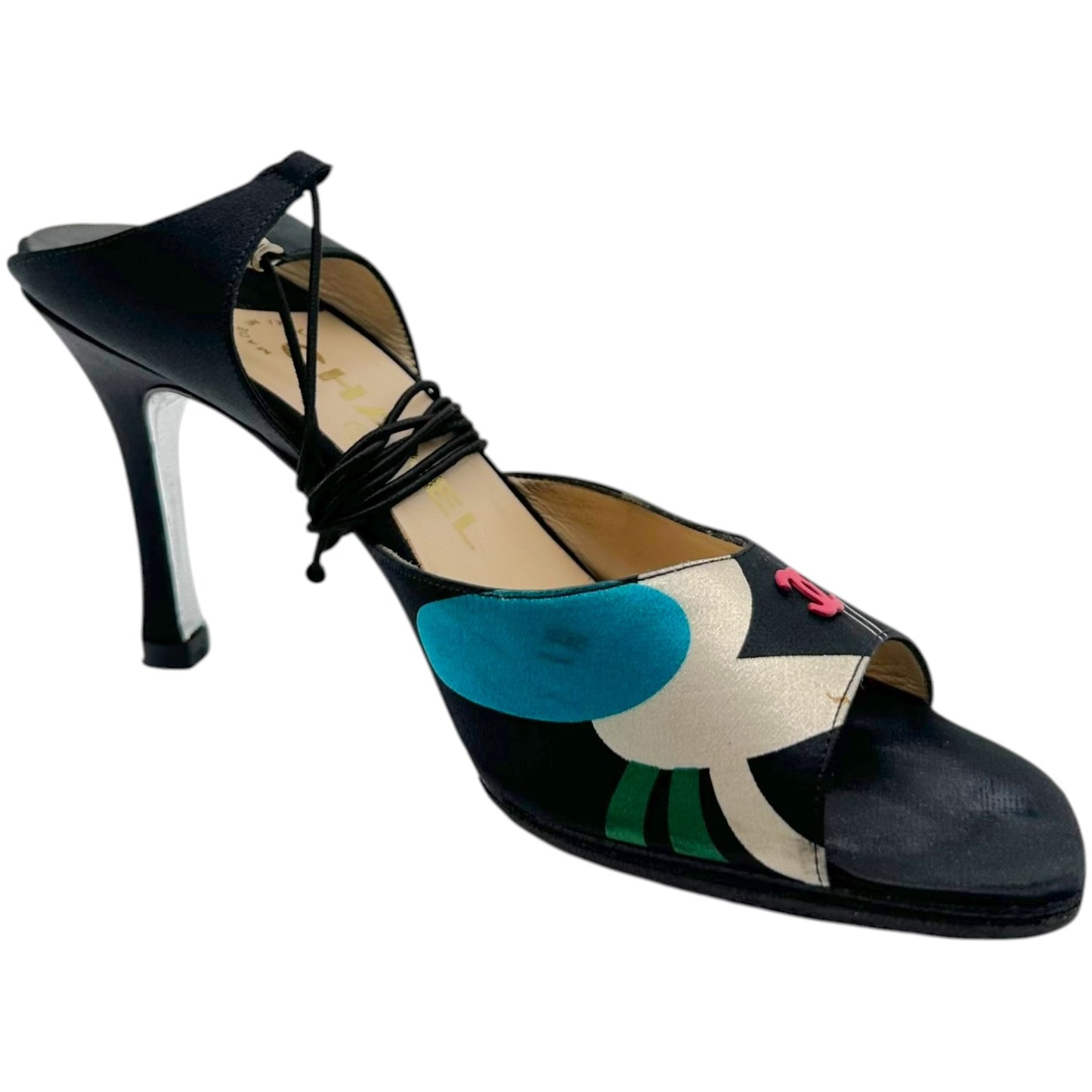 Chanel Multicolor Printed Silk Wrap Sandal Heels