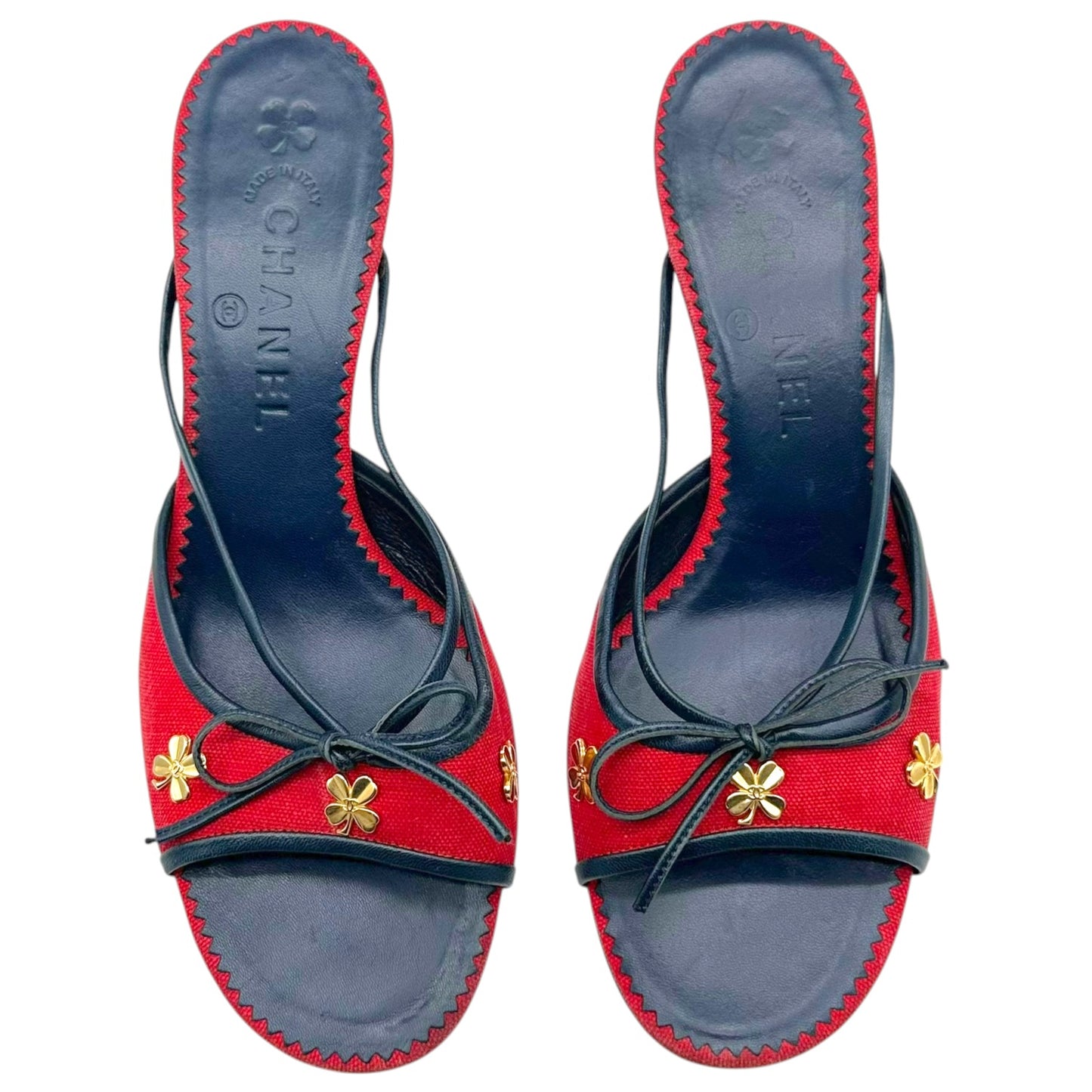 Chanel Red & Navy Kitten Heel Mules w/  Gold Clover Charms