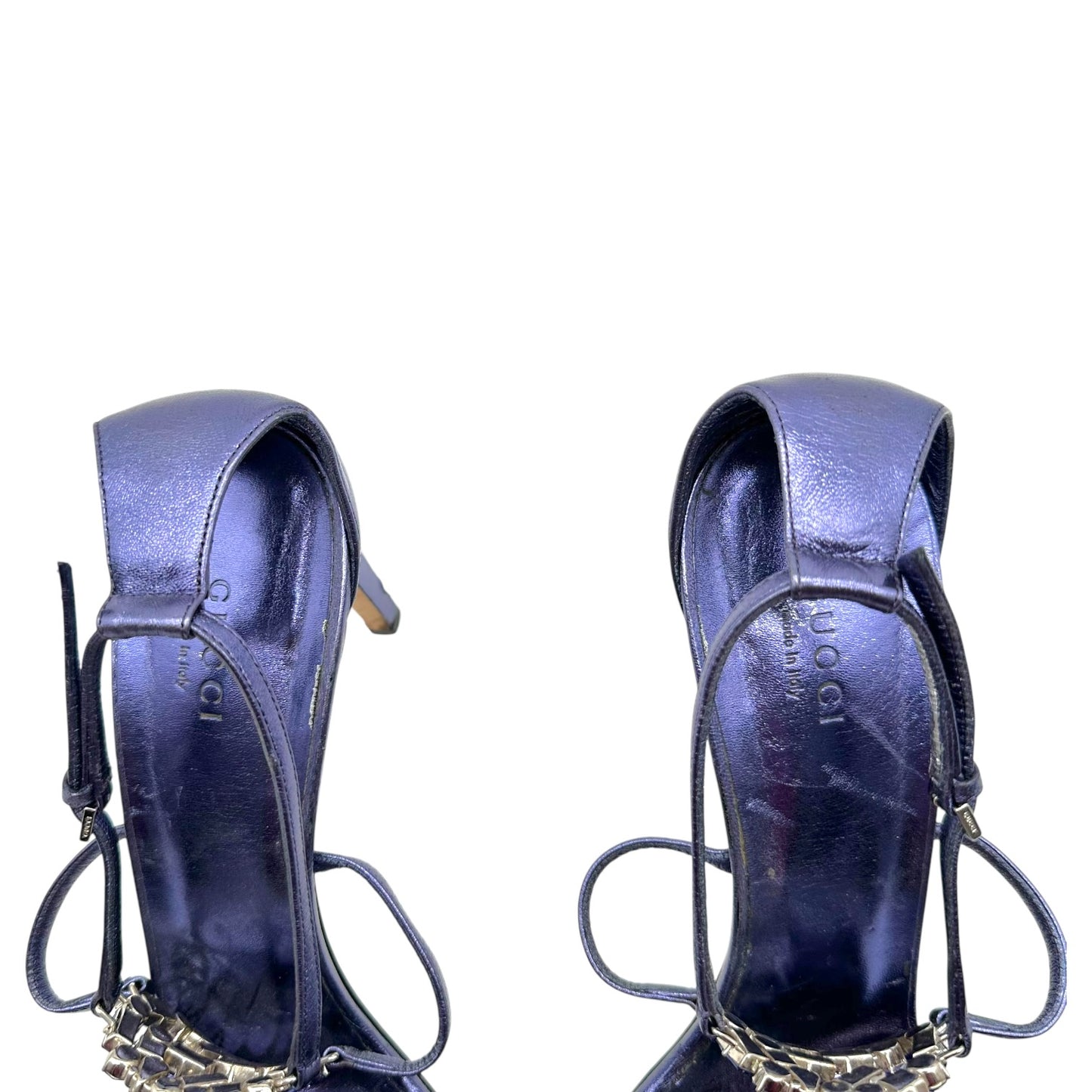 Gucci Purple Metallic Crystal GG Logo Sandal Heels