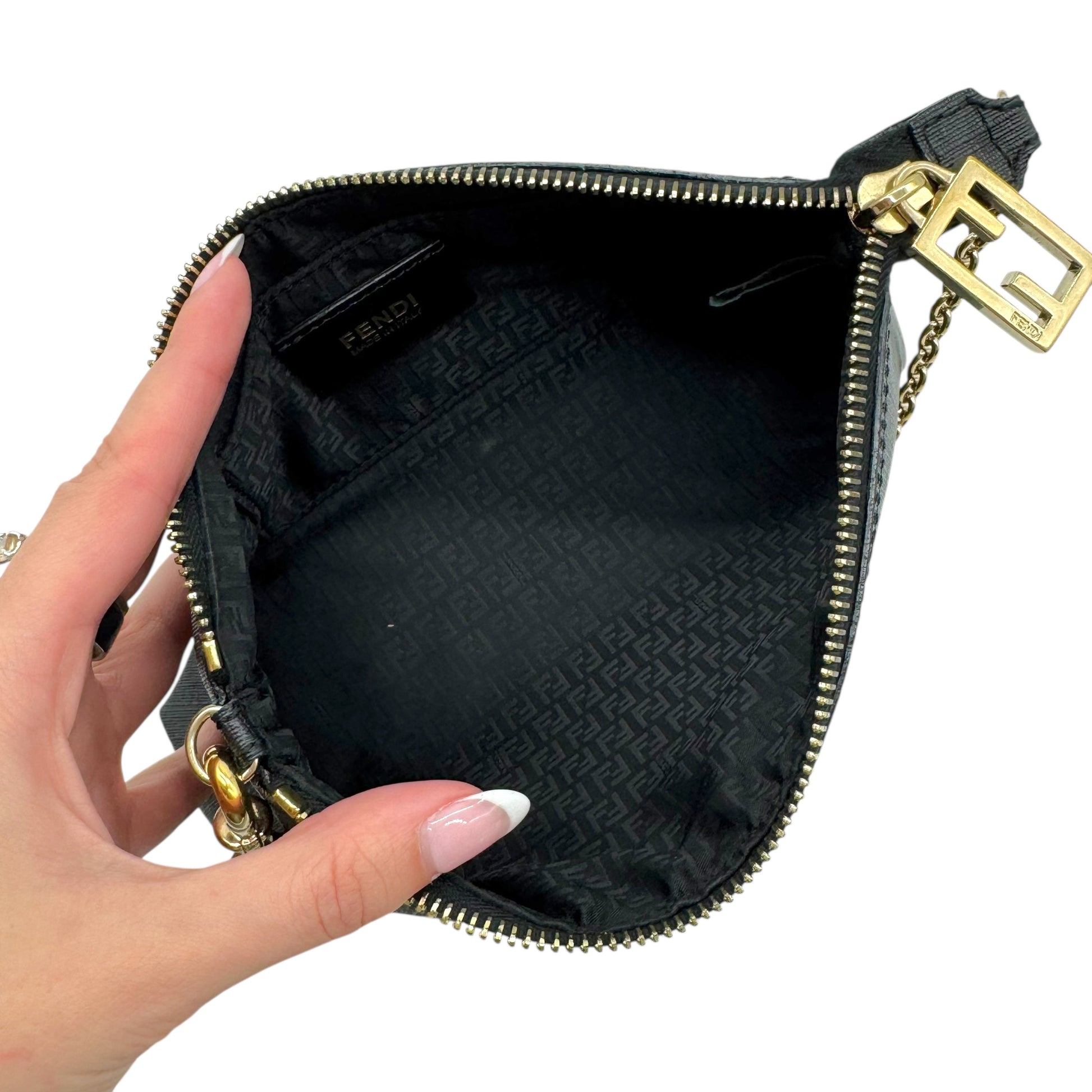Fendi Black Zucca Monogram Coated Canvas Chain Strap Pochette - Outfit Repeater