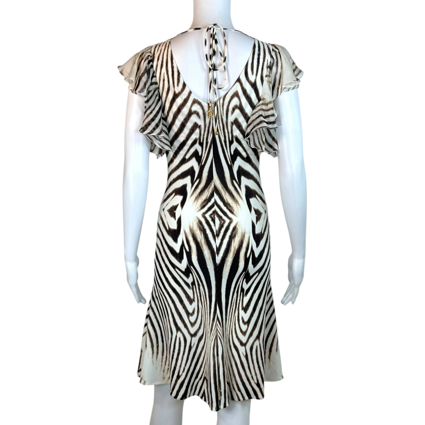 Roberto Cavalli Mini Dress White Brown Zebra Print Ruffle