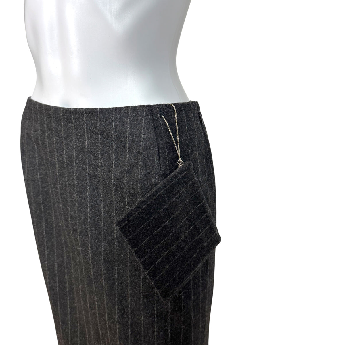 Jean Paul Gaultier Gray Wool Pinstriped Pocket Charm Wool Midi Skirt
