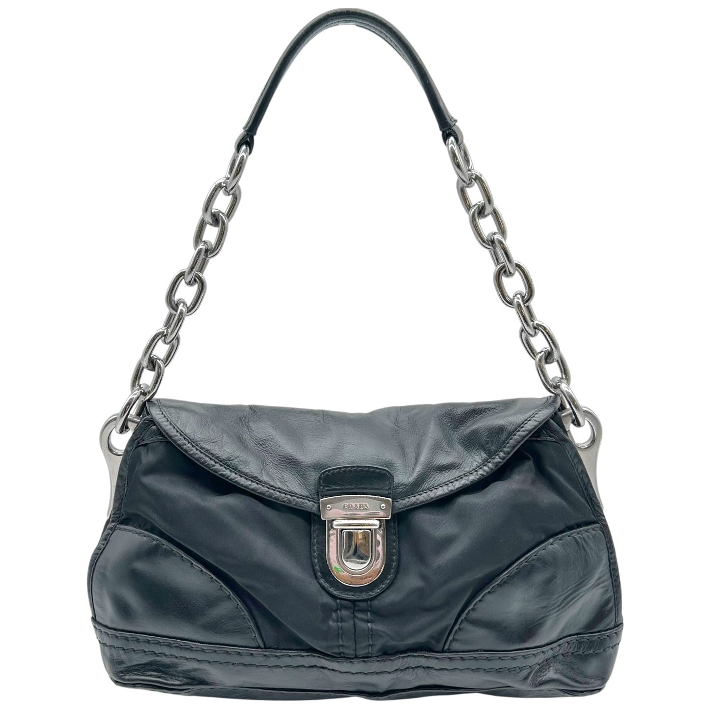 Prada Black Leather & Nylon Chain Strap Shoulder Bag