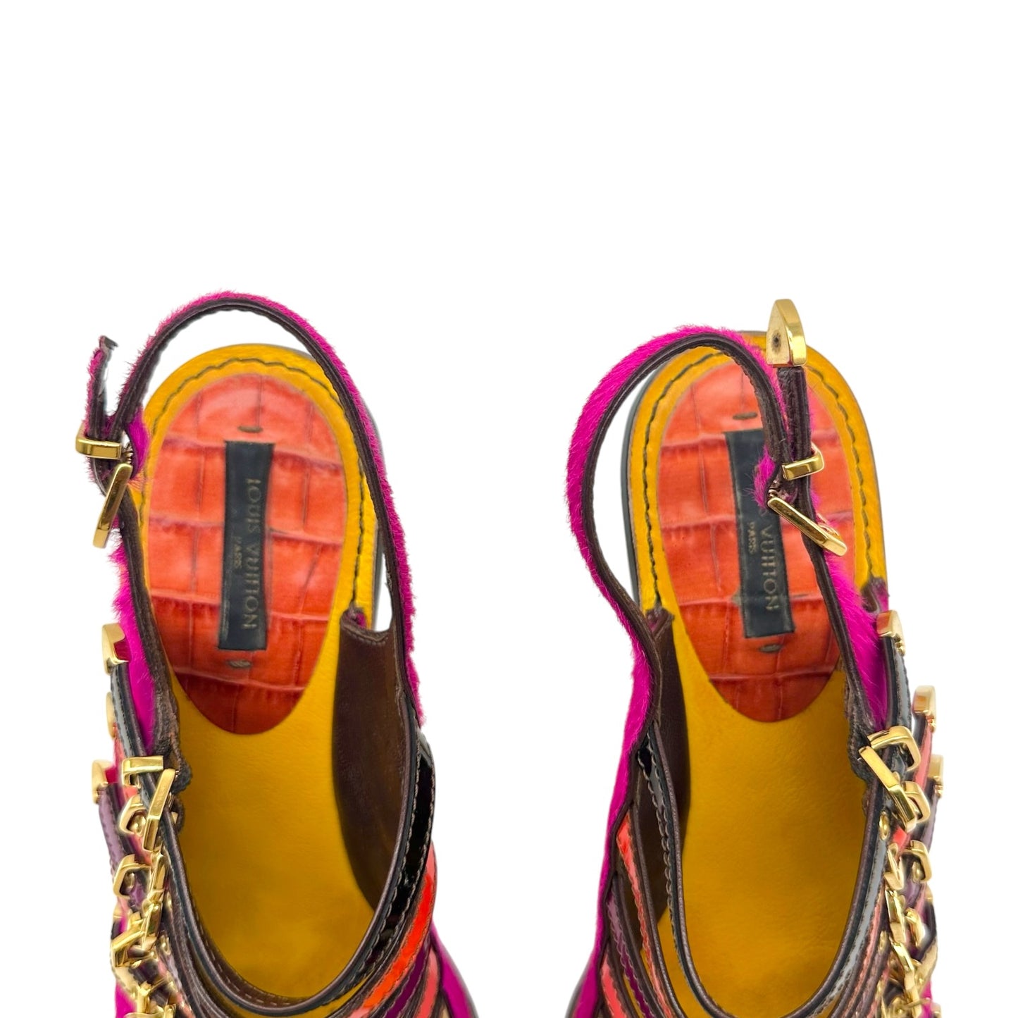 Louis Vuitton Multicolor Croc & Ponyhair Multi-Strap Sandal Heels