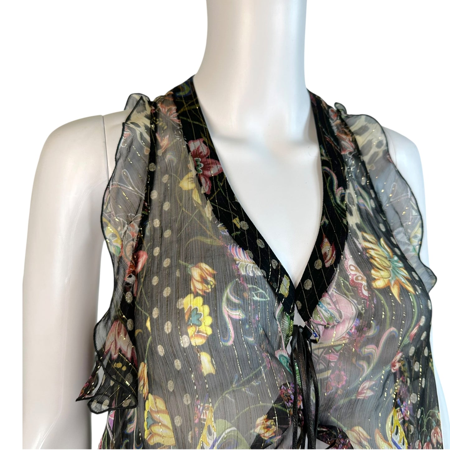 Roberto Cavalli Sheer Floral Print Silk Blouse