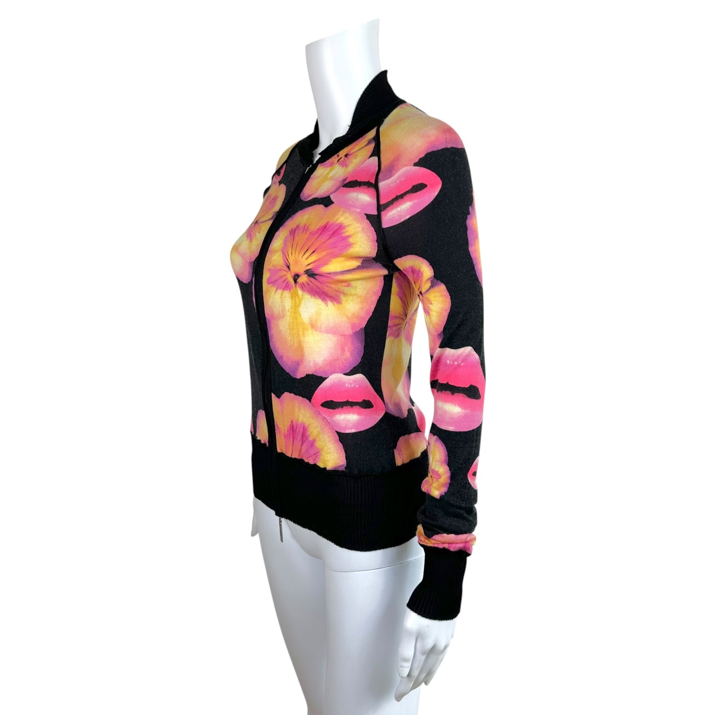 Christian Dior Silk Zip-Up Top Black Floral Lips Print