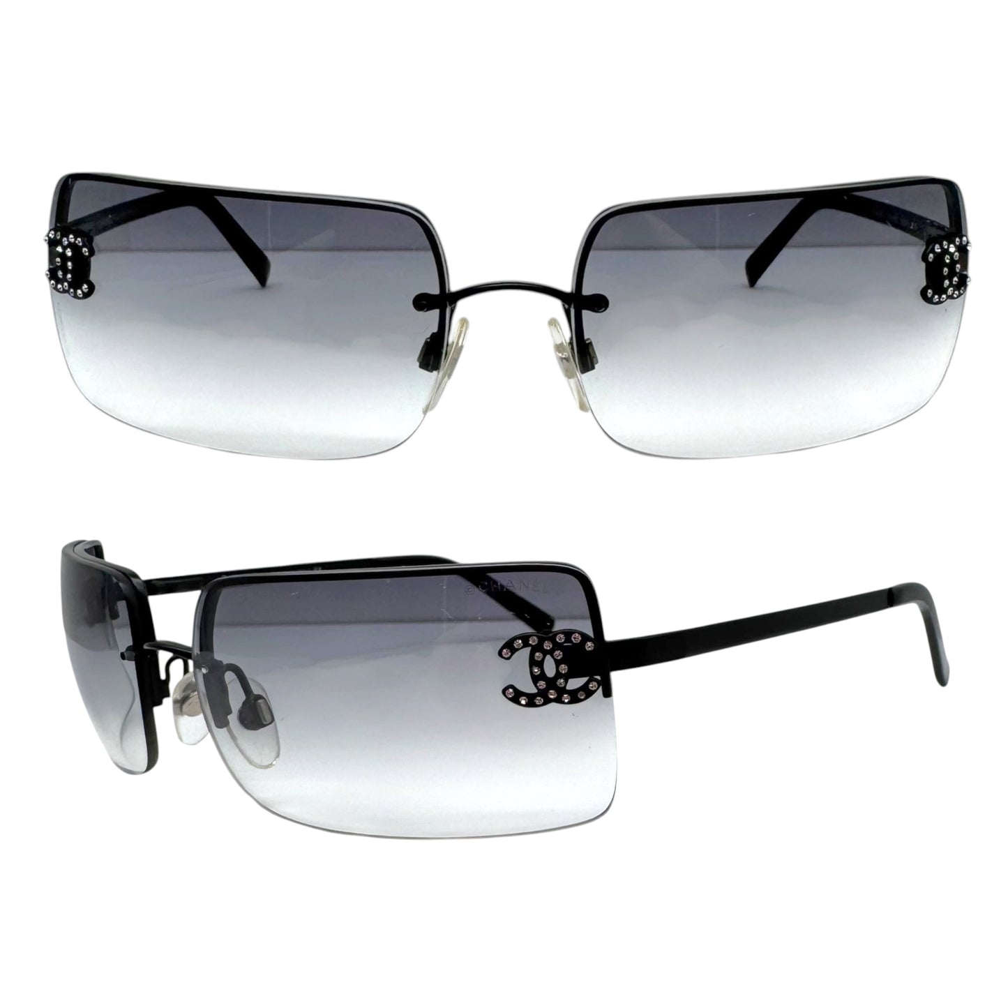 Chanel Rimless Rectangle Sunglasses Black Silver Crystal