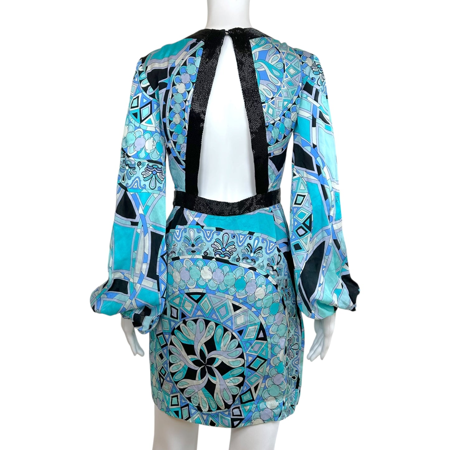 Emilio Pucci Silk Blue Black Printed Open-Back Mini Dress