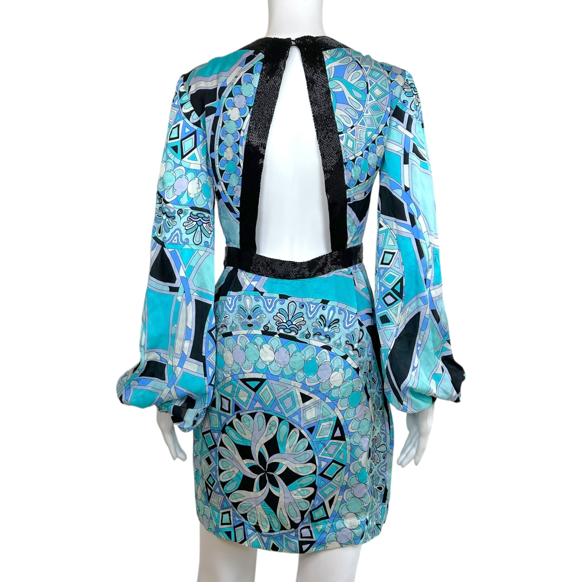 Emilio Pucci Silk Blue Black Printed Open-Back Mini Dress