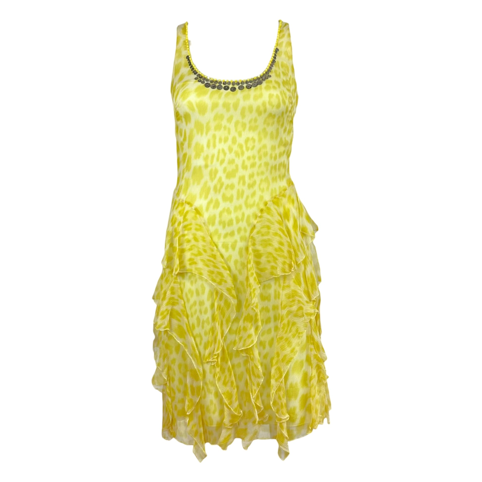 Blumarine Yellow Leopard Print Silk Midi Dress
