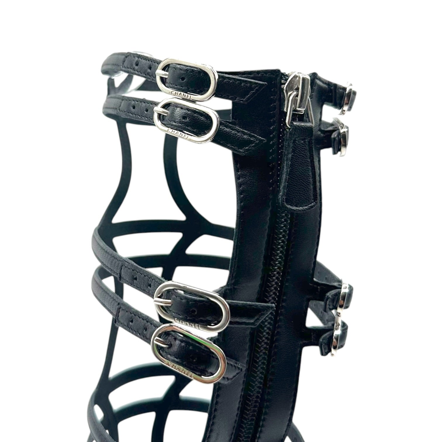 Chanel Black Leather Knee High Gladiator Wedge Sandals