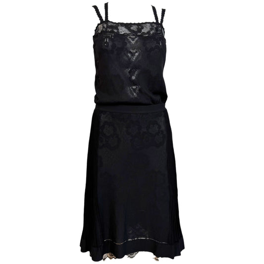 Chanel Black Knit Lace Pleated Midi Dress