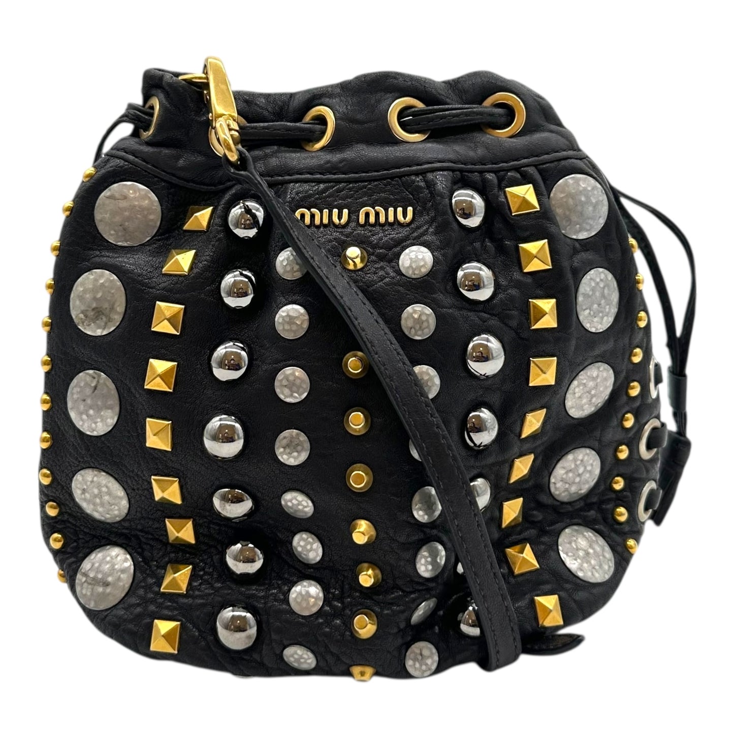 Miu Miu Silver & Gold Studded Mini Crossbody Bucket Bag - Outfit Repeater