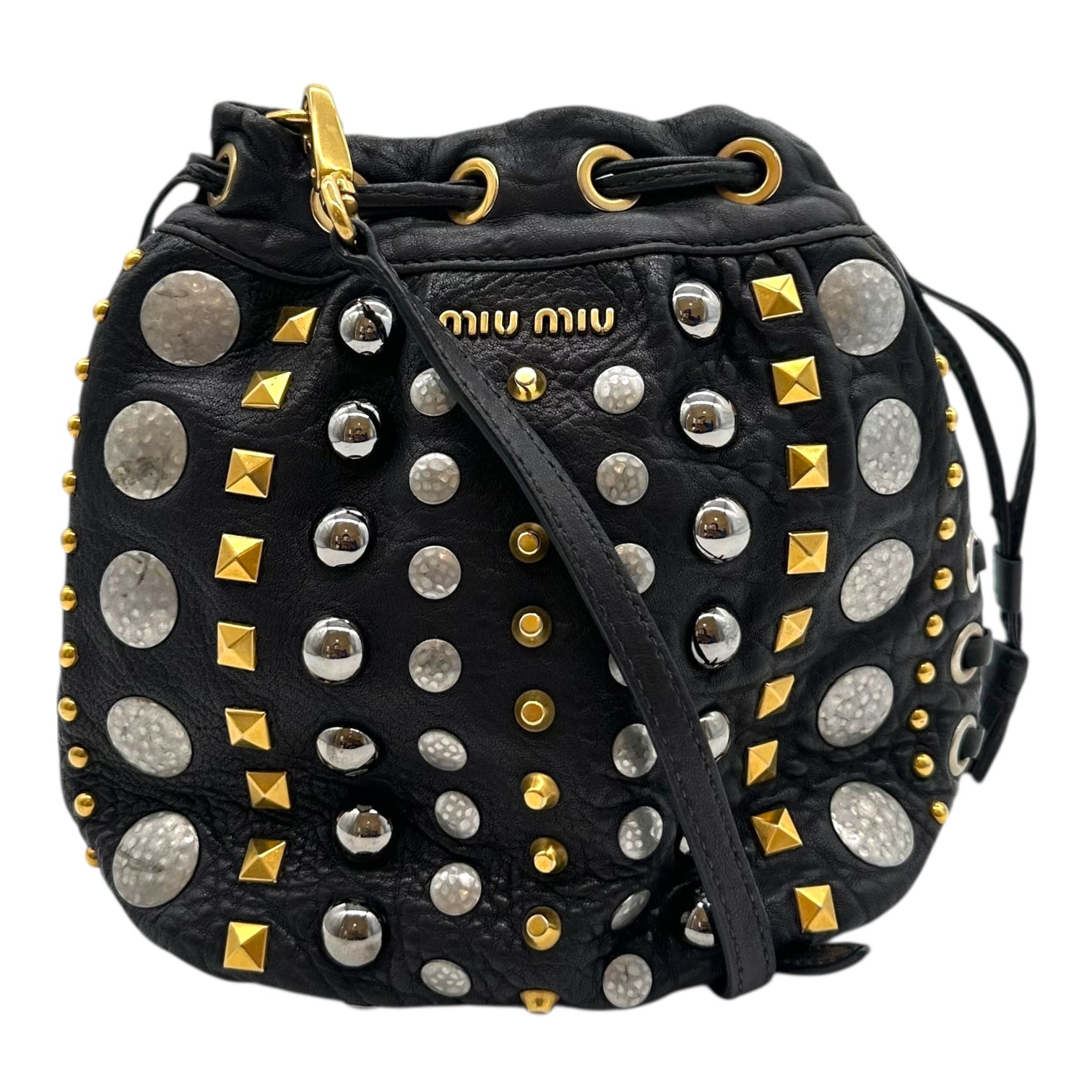 Miu Miu Silver & Gold Studded Mini Crossbody Bucket Bag - Outfit Repeater