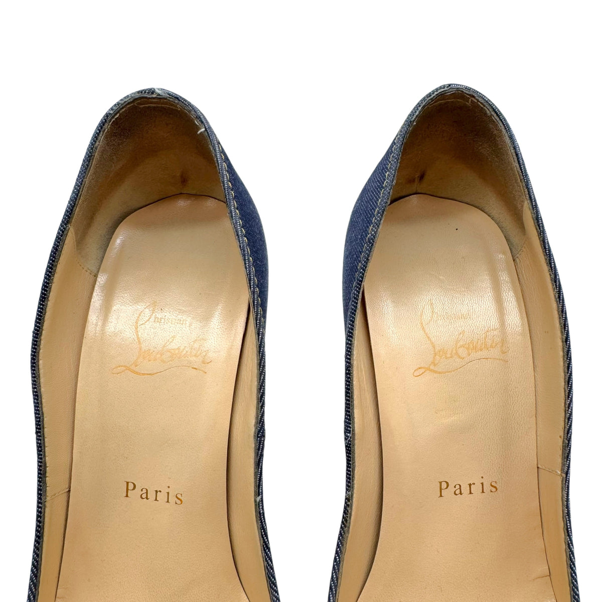 Christian Louboutin Denim & White Leather Peep Toe Platform Pumps