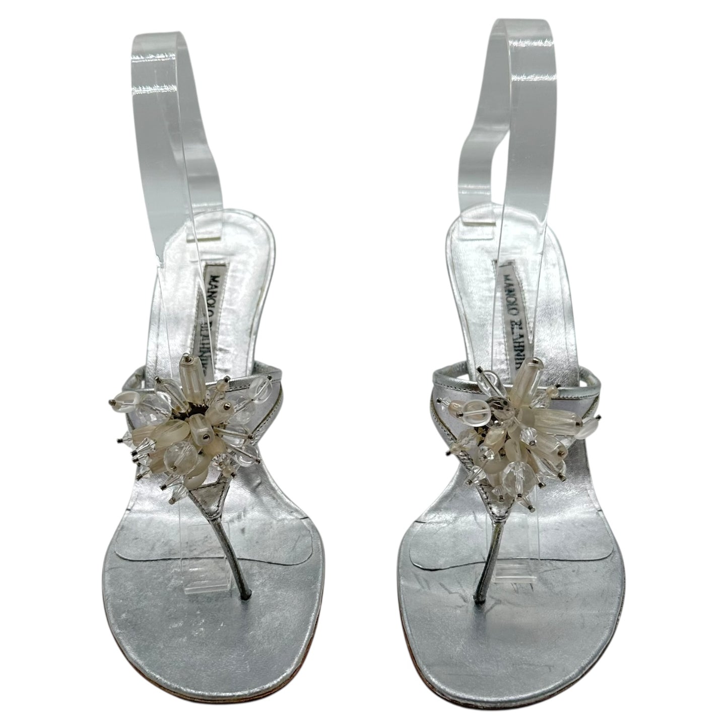 Manolo Blahnik Silver Beaded Flip Flop Heels