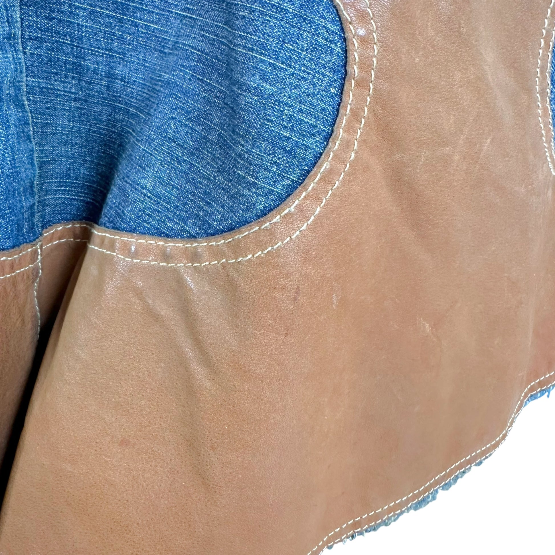 Dsquared2 Denim Tan Leather Patchwork Western Midi Skirt