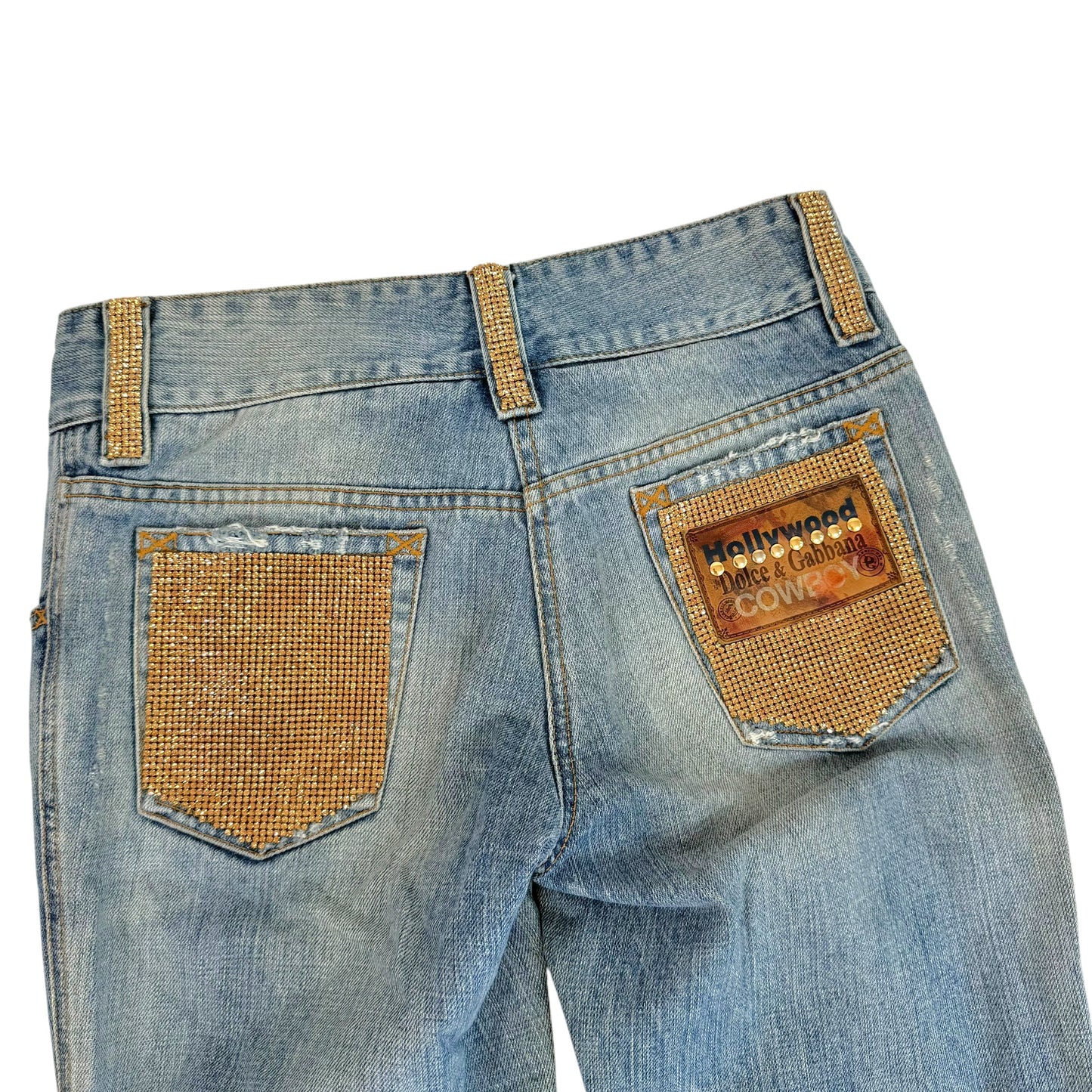 Dolce & Gabbana 'Hollywood Cowboy' Gold Rhinestone Embellished Distressed Jeans