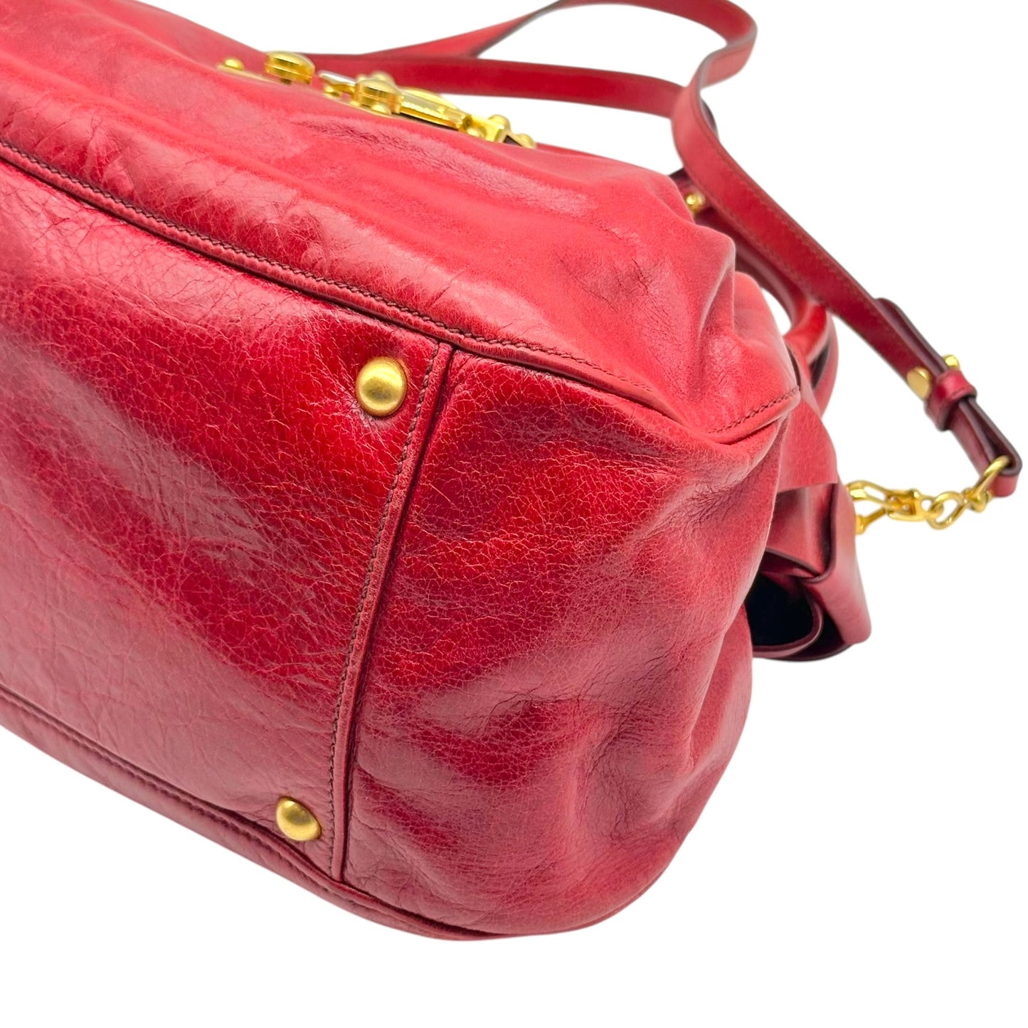 Miu Miu Red & Gold Bow Embellished 2-Way Small Bowler Bag