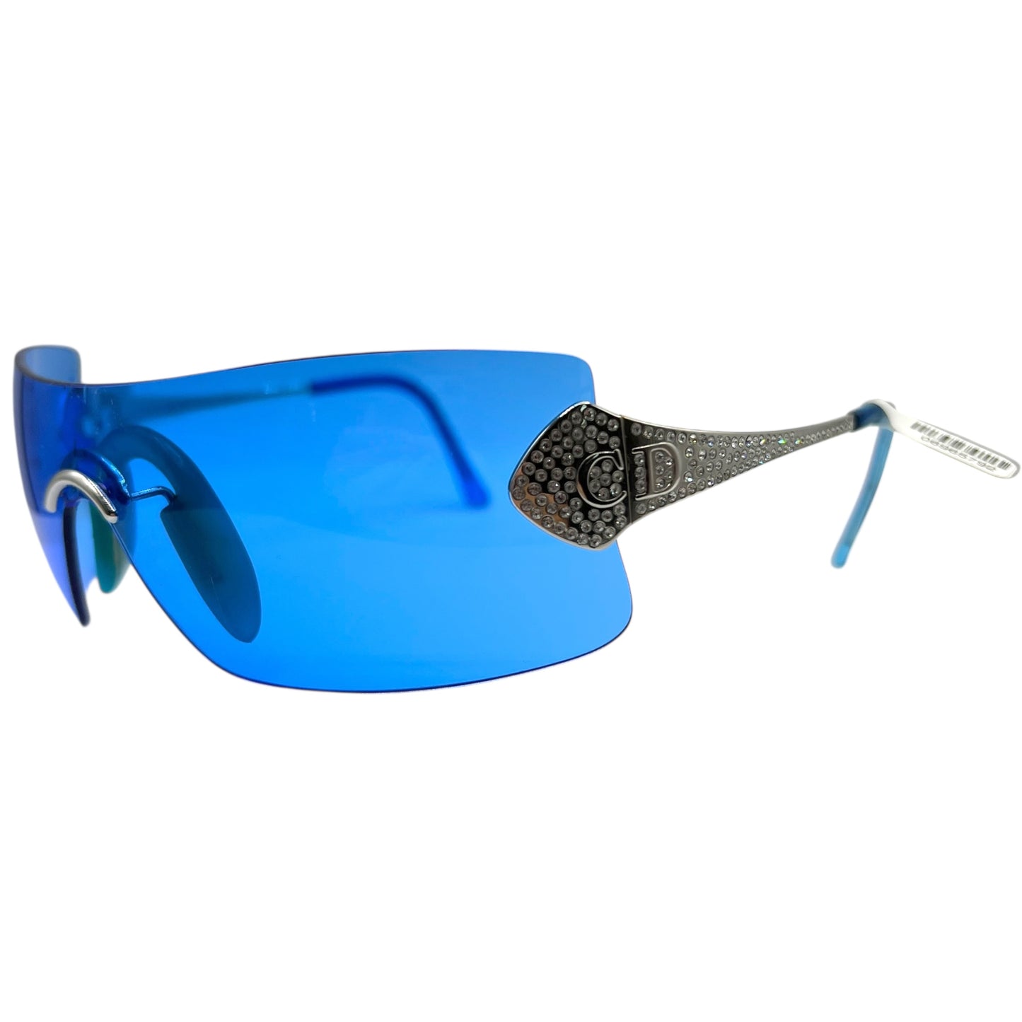 Christian Dior Bright Blue Crystal Embellished Rimless Shield Sunglasses w/ Case