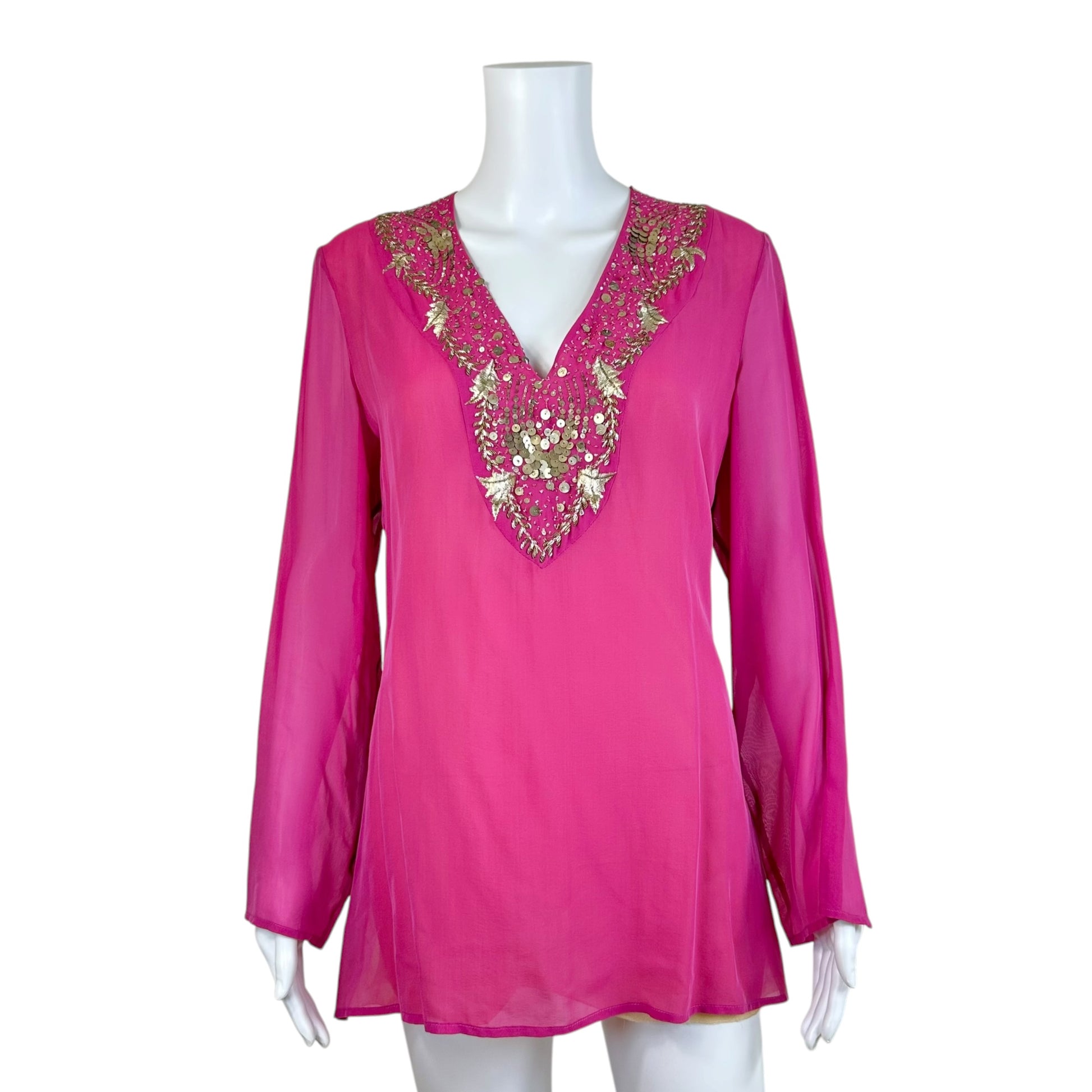 Versace Pink Sheer Blouse With Silk Sequin Trim