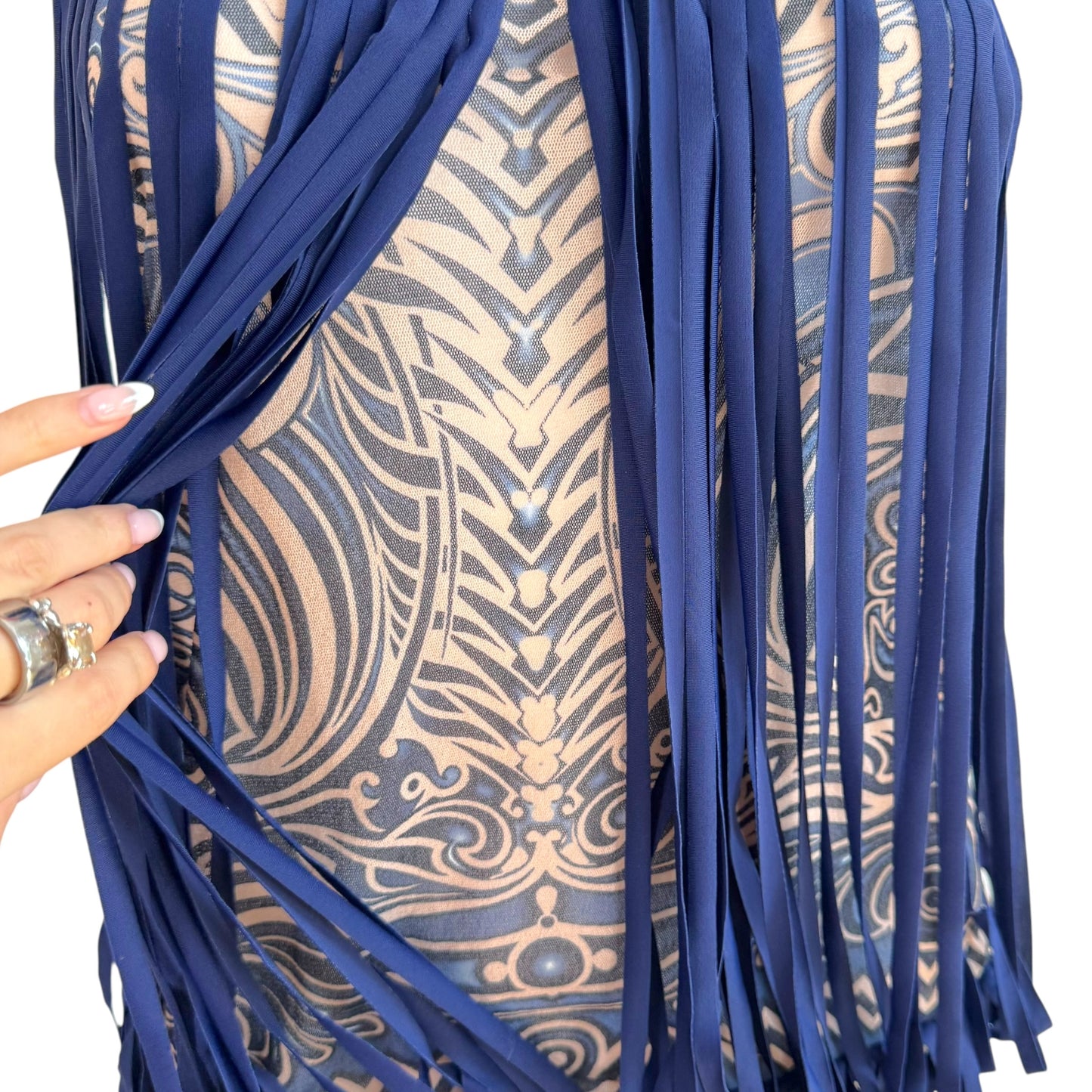 Jean Paul Gaultier Soleil Blue & Beige Tribal Print Mesh Tank w/ Fringe Overlay