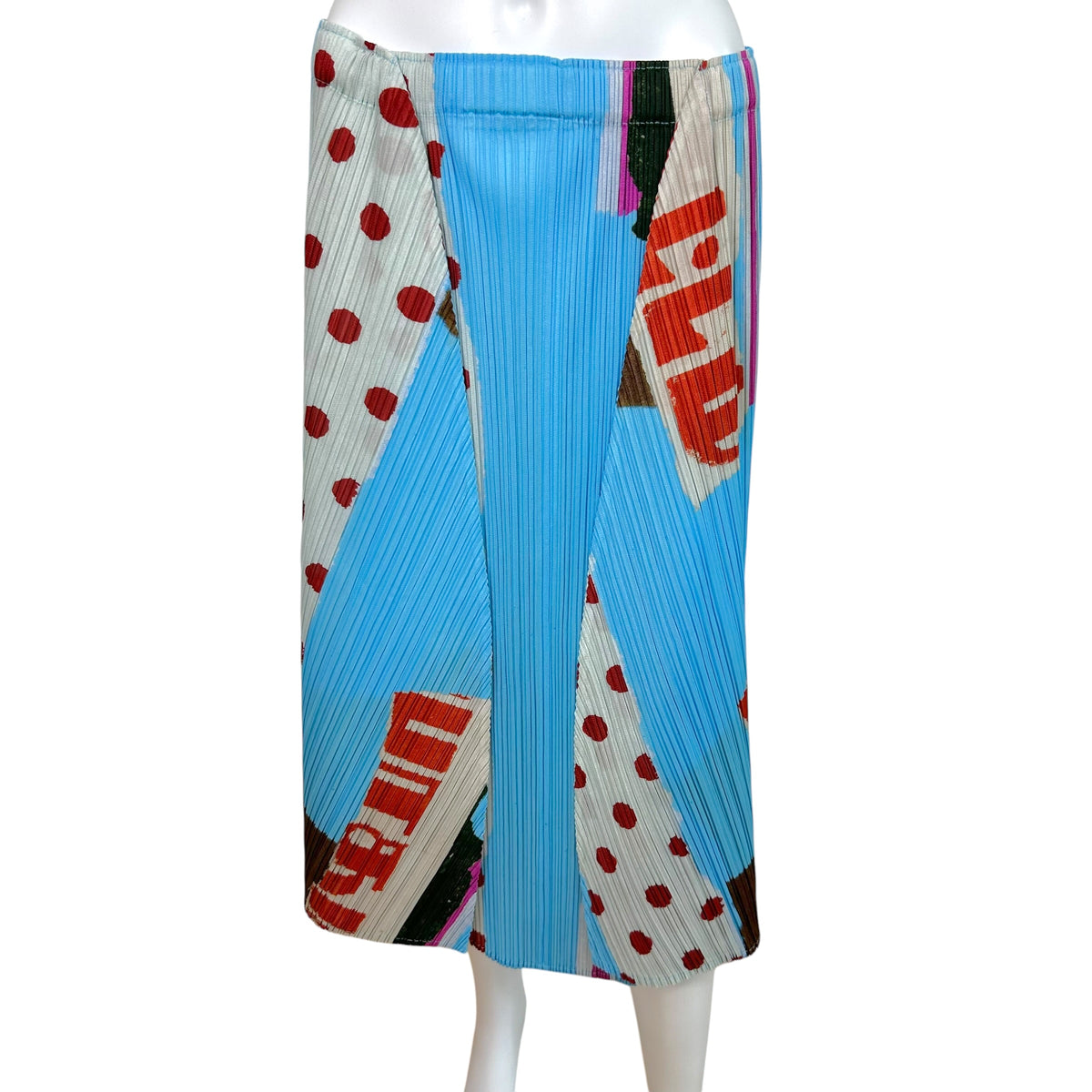 Issey Miyake Pleats Please Light Blue Burgundy Polka Dot Midi Skirt