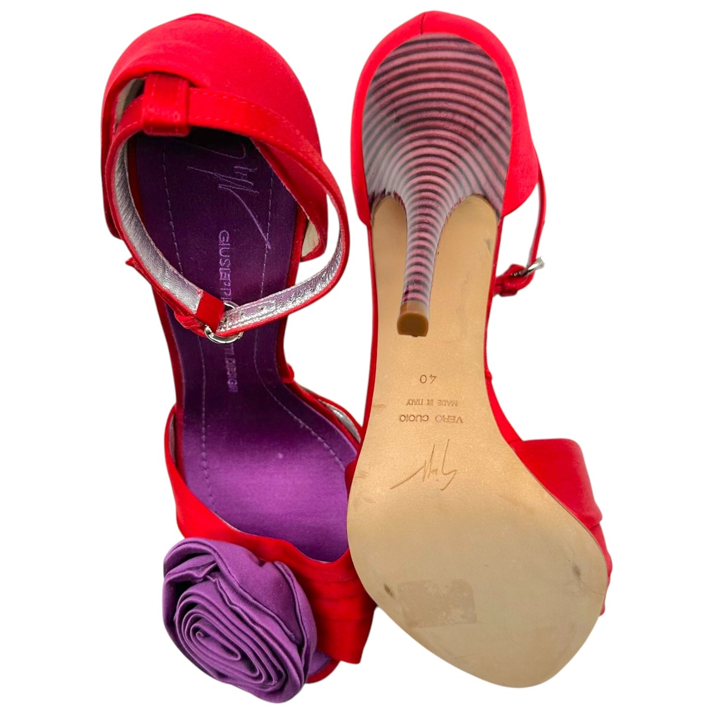 Giuseppe Zanotti Red & Purple Satin Rose Sandal Heels