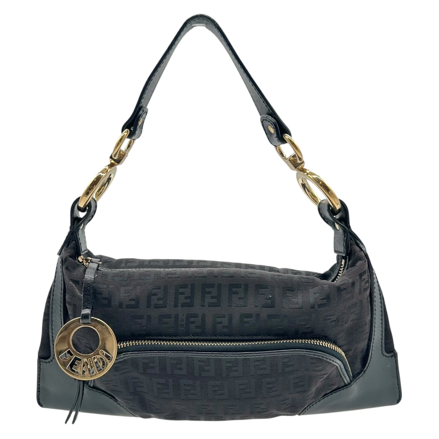 Fendi Black Zucchino Monogram Leather Trim Gold Hardware Shoulder Bag - Outfit Repeater