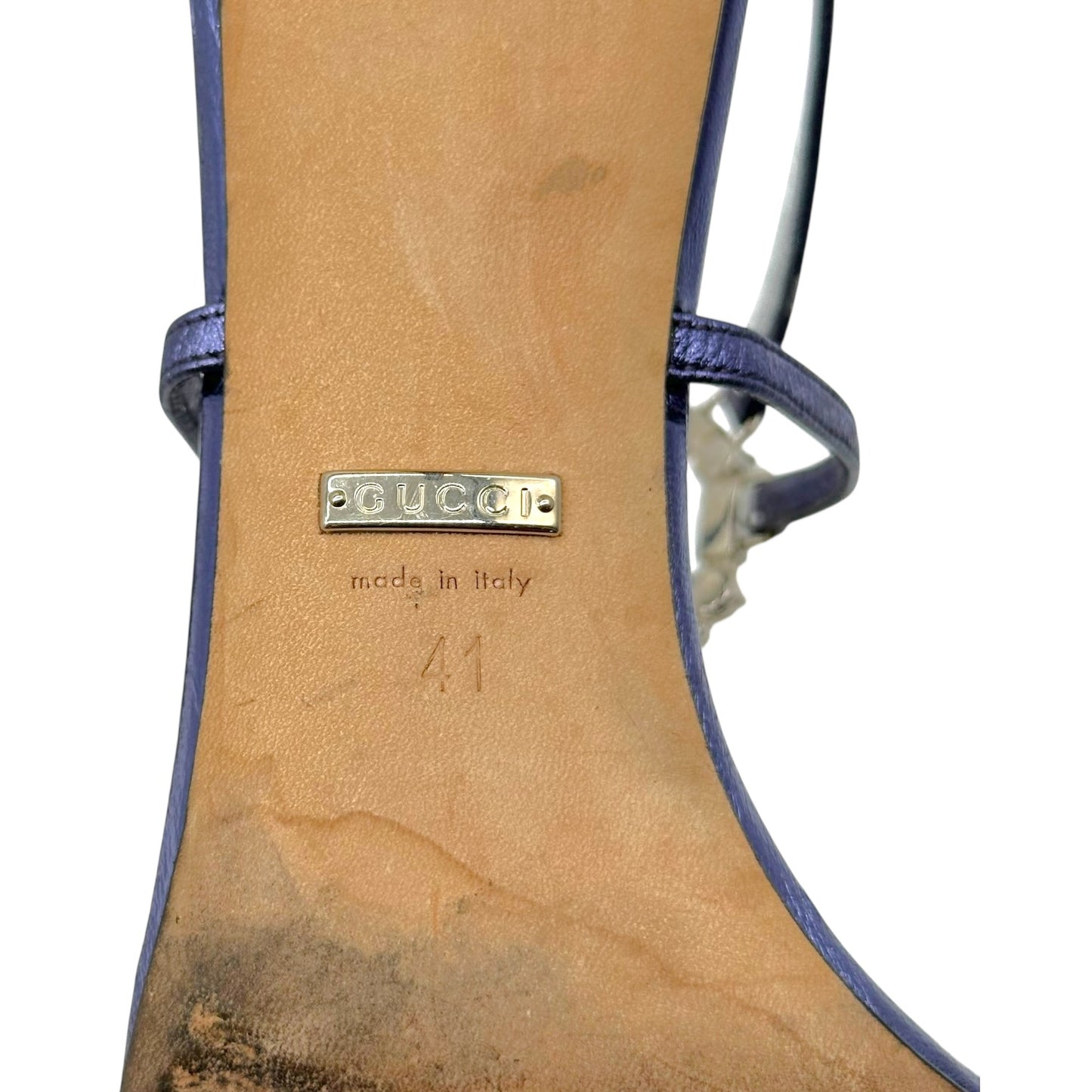 Gucci Purple Metallic Crystal GG Logo Sandal Heels