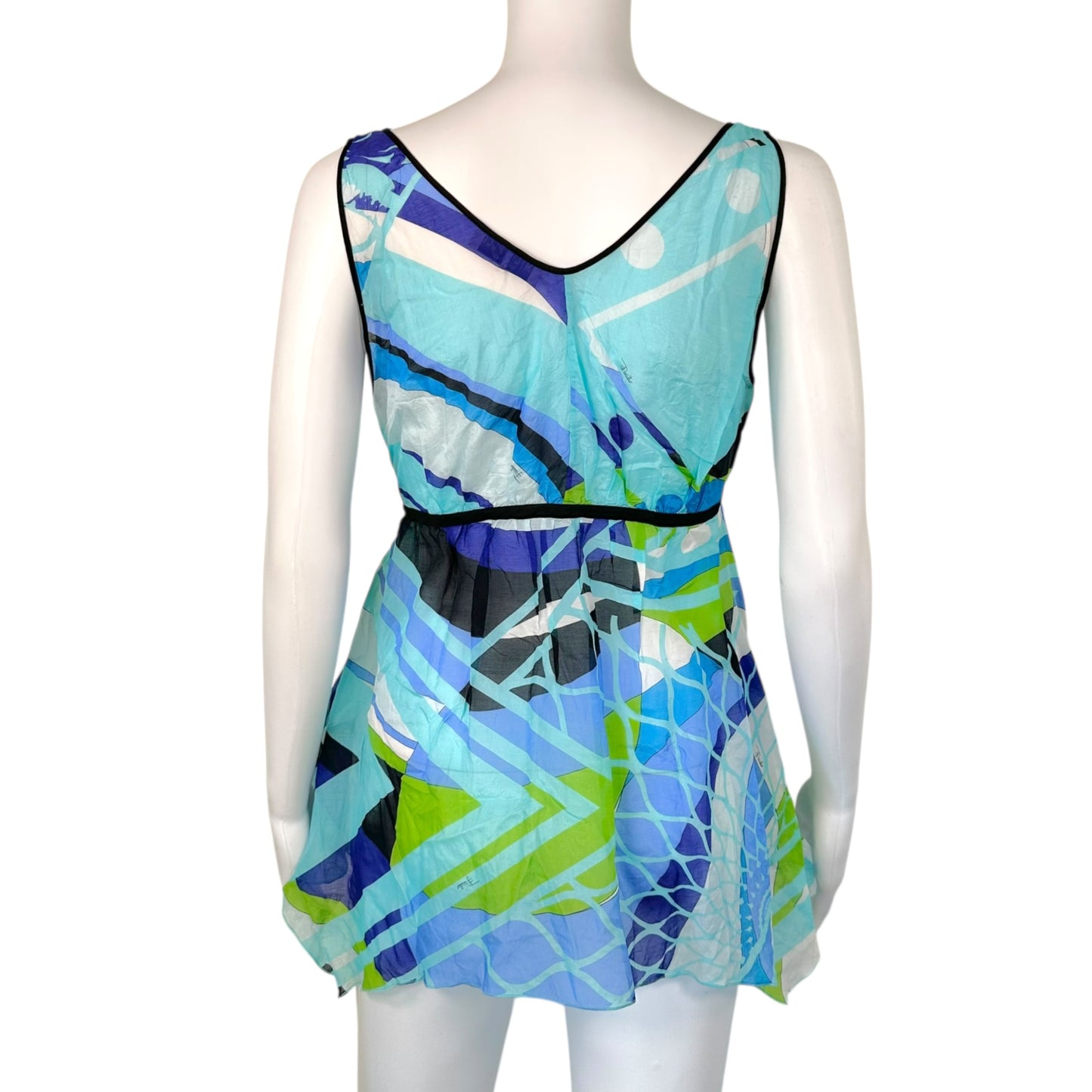 Emilio Pucci Blue & Green Silk Blend Semi-Sheer Blouse Top