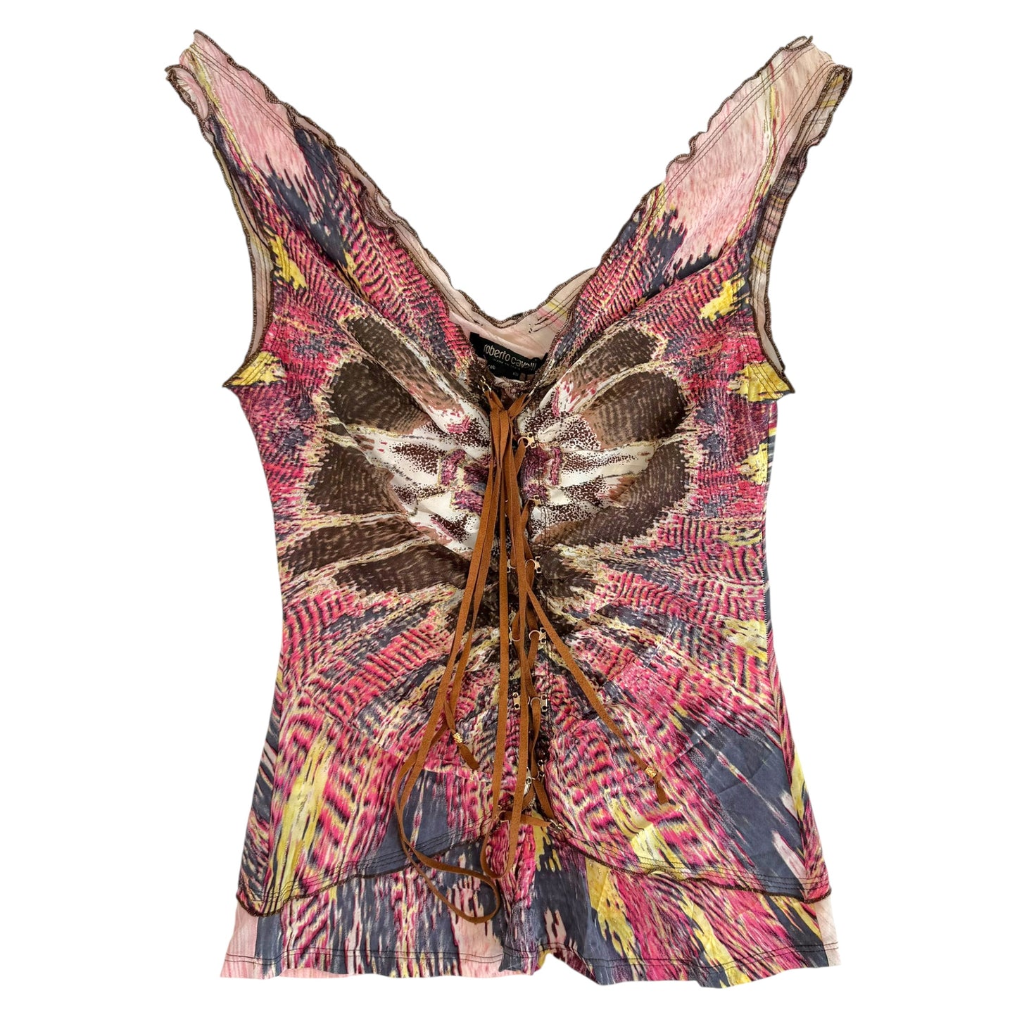Roberto Cavalli 2003 Pink Multi Feather Print Lace Up Silk Tank & Capri Pants Set