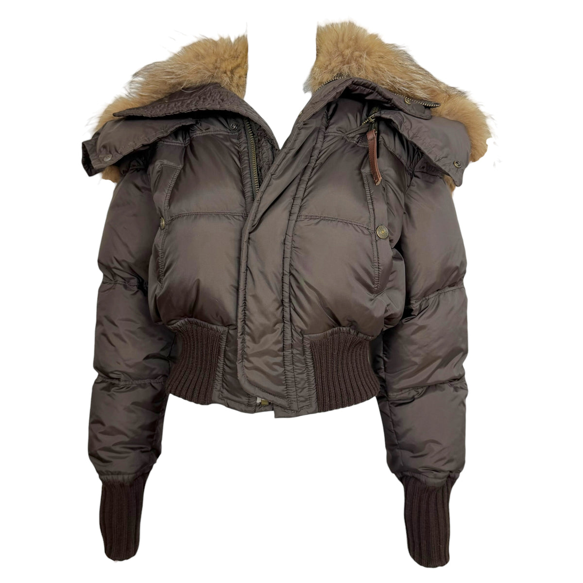 Dsquared2 Brown Fox Fur Trim Hood Cropped Down Fill Puffer Coat