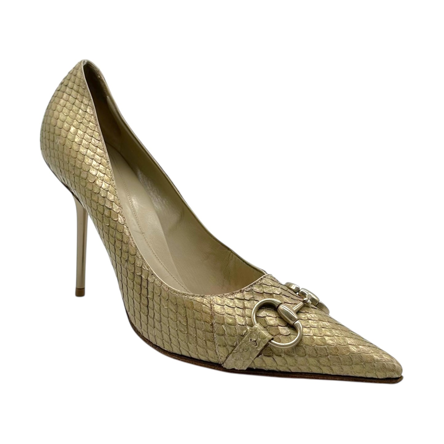 Gucci Ivory Python Horsebit Pointed Toe Heels