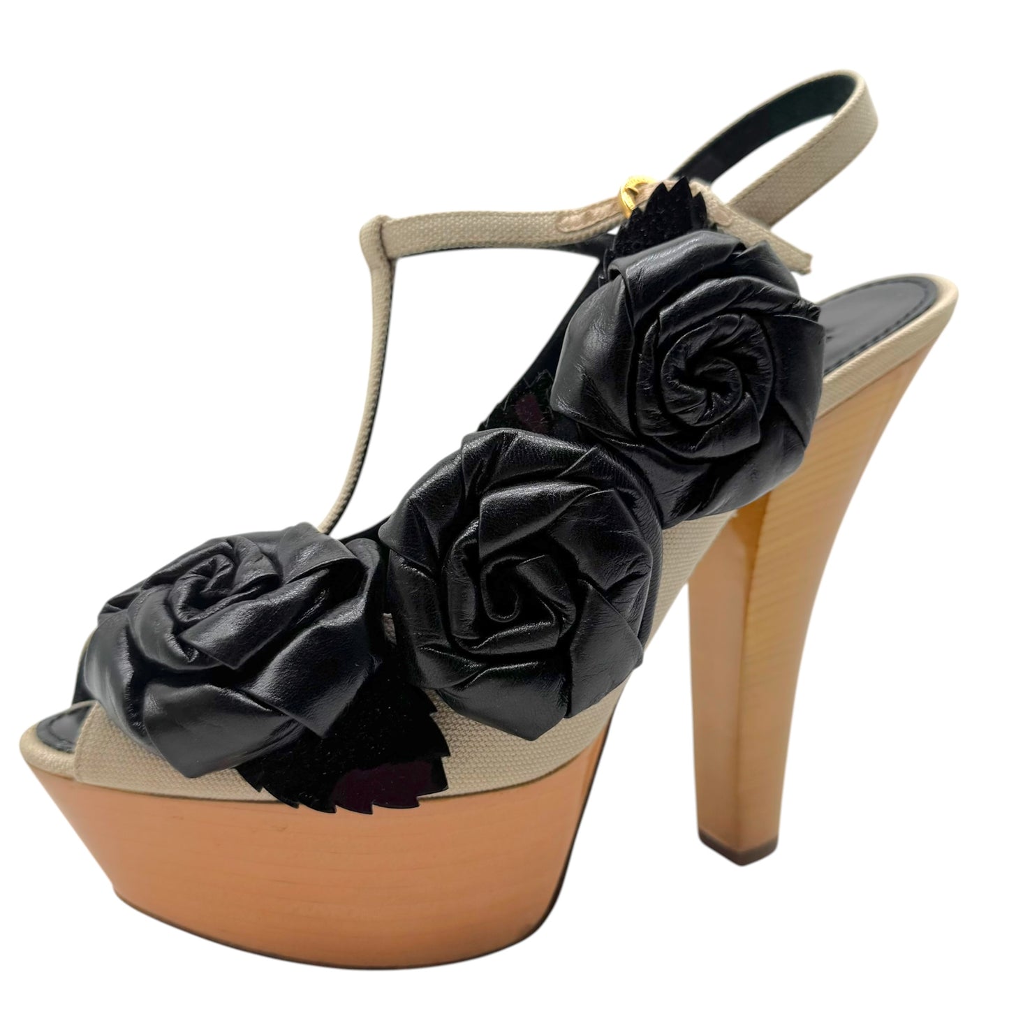 Louis Vuitton Beige Canvas & Black Leather Wooden Platform Heeled Sandals