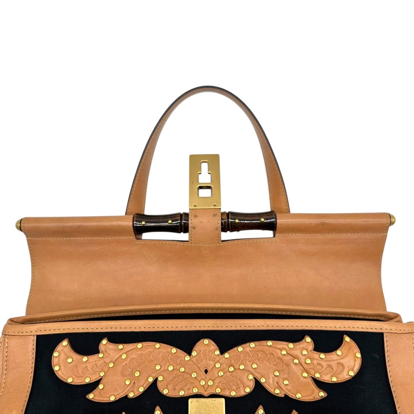 Gucci Tan Leather & Black Canvas Studded Bamboo Bullet Bag