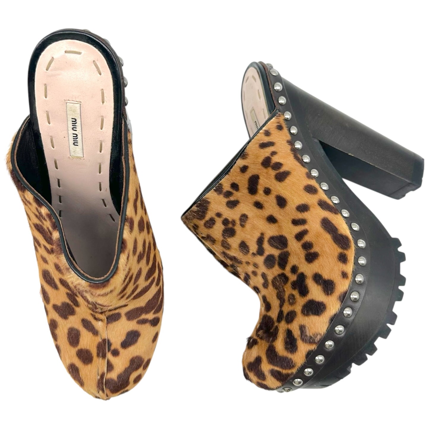 Miu Miu Leopard Print Ponyhair Platform Clog Heels