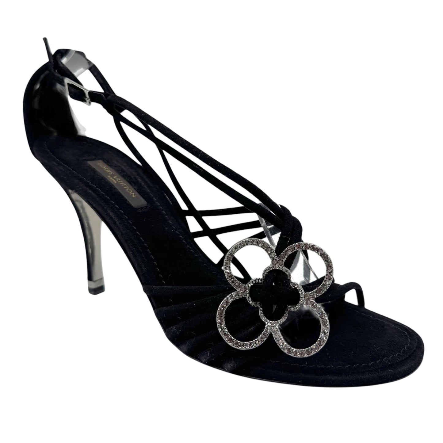 Louis Vuitton Black Strappy Crystal Flower Logo Sandal Heels